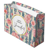 Grand Sac Cadeau Fleurs d'aquarelle rose sur rayures Anniversaire (Dos Angle)
