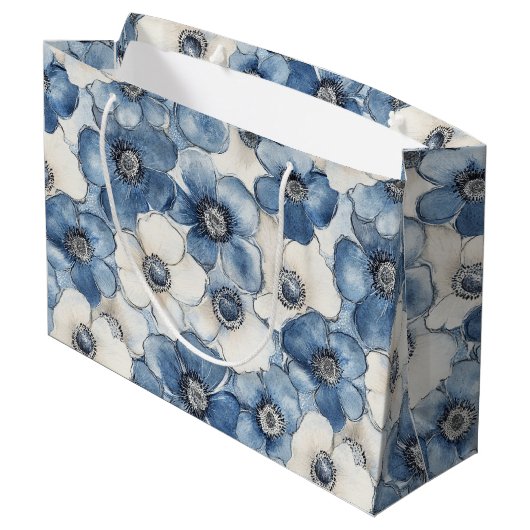 Grand Sac Cadeau Fleurs de Denim Bleu Blanc Anniversaire (Dos Angle)