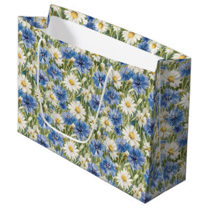 Grand Sac Cadeau Fleurs de marguerite bleues blanches Anniversaire