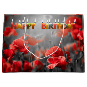 Grand Sac Cadeau Fleurs de pavot rouge et jolies bougies d'annivers