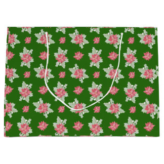 Grand Sac Cadeau Fleurs de poinsettia de Noël rouges Emballage vert