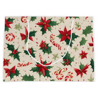 Grand Sac Cadeau Fleurs de poinsettia rouge et cadeau saint feuille