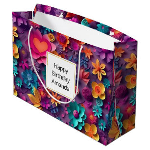 Grand Sac Cadeau Fleurs de printemps colorées Motif Anniversaire