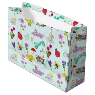 Grand Sac Cadeau Fleurs de printemps et bogues mignonnes bleu color