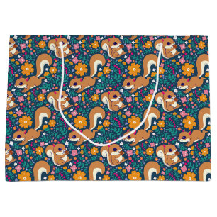 Grand Sac Cadeau Fleurs de printemps et écureuils