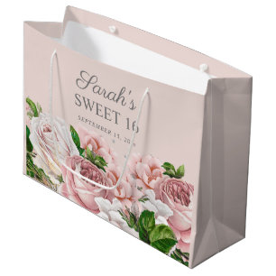 Grand Sac Cadeau Fleurs de roses roses pailletées d'argent Sweet 16