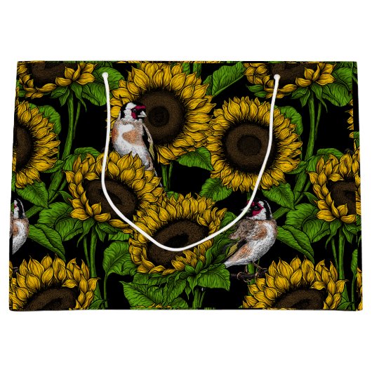 Grand Sac Cadeau Fleurs de soleil et ailerons sur noir (Devant)