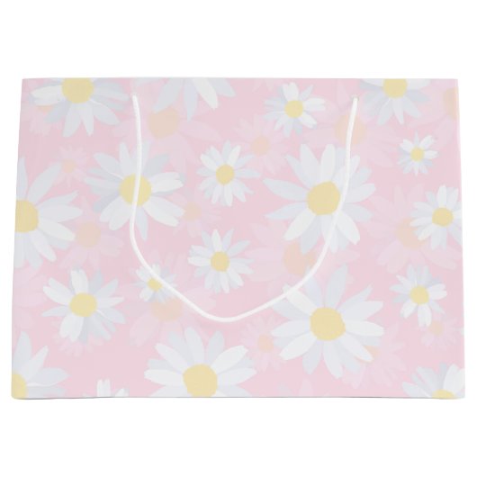 Grand Sac Cadeau Fleurs marguerites blanches Florales roses (Devant)