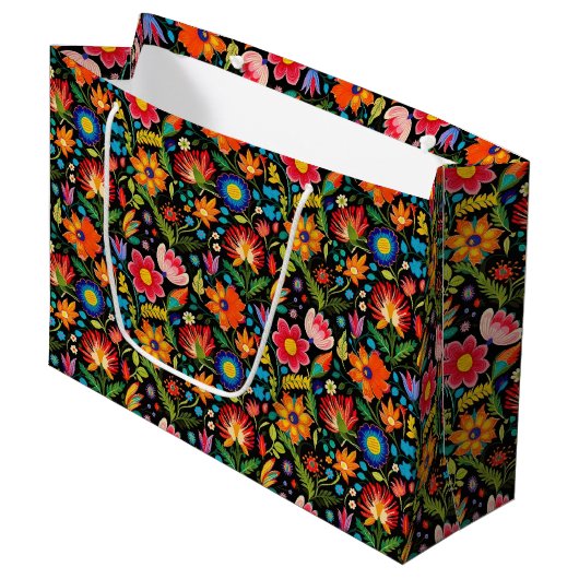 Grand Sac Cadeau Fleurs mexicaines de fiesta carrelées (Devant Angle)