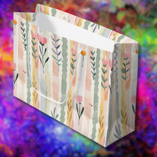 Grand Sac Cadeau Fleurs rayées pastel aquarelle vintage