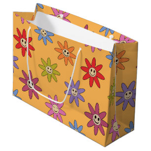 Grand Sac Cadeau Fleurs rétro souriantes joyeuses sur fond jaune