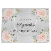 Grand Sac Cadeau Fleurs roses blanches argentées (Devant)