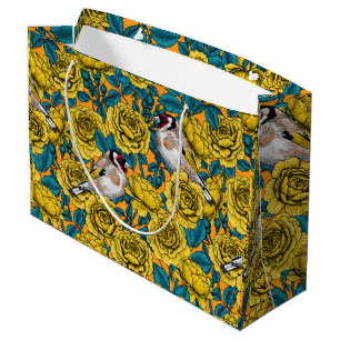 Grand Sac Cadeau Fleurs roses et oiseaux dorés