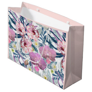 Grand Sac Cadeau Fleurs roses et orchidées.