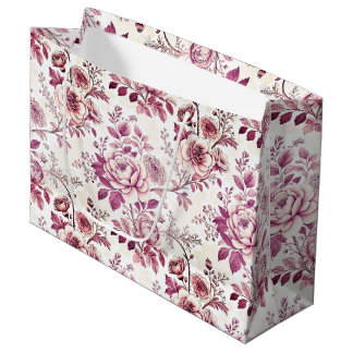 Grand Sac Cadeau fleurs roses et rouge foncé