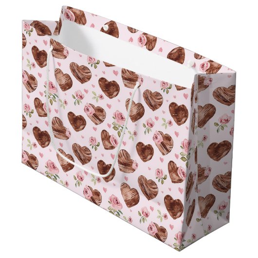 Grand Sac Cadeau Fleurs roses Roses brunes Cœur Fête de mariage (Devant Angle)