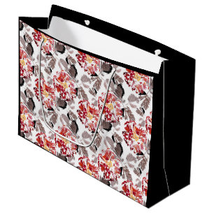 Grand Sac Cadeau Fleurs rouges, florales, rétro, rouges et blanches