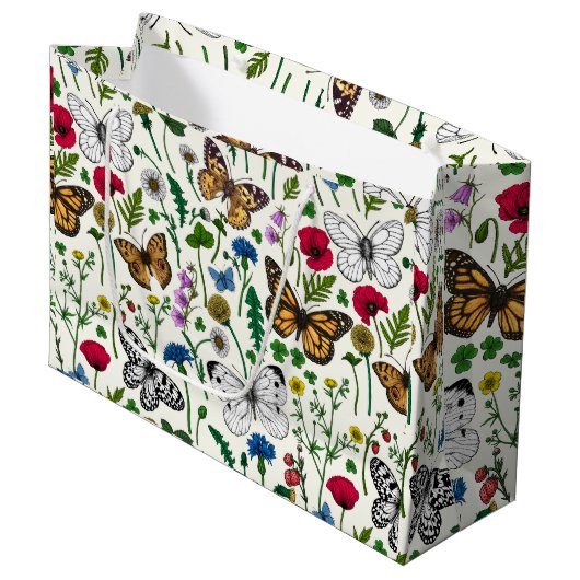 Grand Sac Cadeau Fleurs sauvages et papillons sur blanc (Devant Angle)