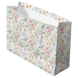 Grand Sac Cadeau Fleurs sauvages rose jaune bleu Style aquarelle