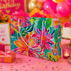 Grand Sac Cadeau Fleurs tropicales aquarelles orange rose vif