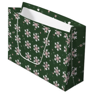 Grand Sac Cadeau Flocons Blancs Roses Verts