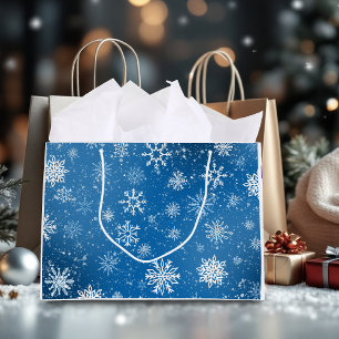 Grand Sac Cadeau Flocons de Neige Bleus Classique Hiver Blanc