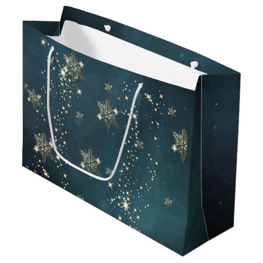 Grand Sac Cadeau Flocons de neige dorés chic vert (Devant Angle)