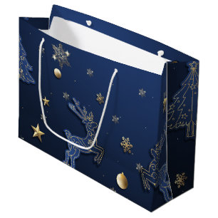Grand Sac Cadeau Flocons de neige dorés Sapin de Noël bleu Renne