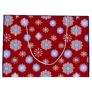 Grand Sac Cadeau Flocons de neige vintage sur fond rouge