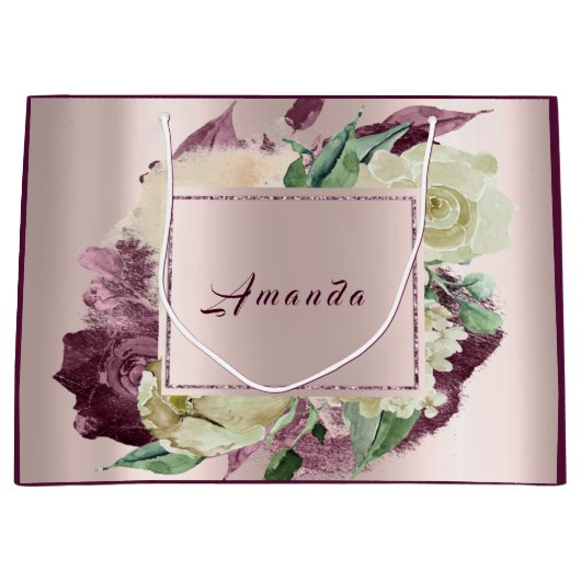 Grand Sac Cadeau Floral Mariage d'anniversaire Roses Marsala Blush (Devant)