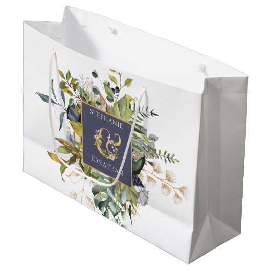 Grand Sac Cadeau Floral moderne |Bleu et vert avec Mariage d'esplan (Devant Angle)