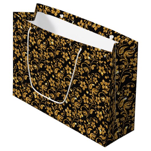 Grand Sac Cadeau Floral Noir Or (Devant Angle)