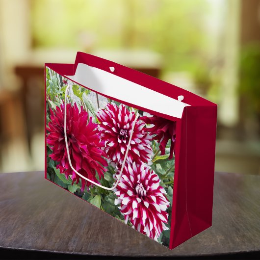 Grand Sac Cadeau Flore de dahlias rouge et blanc