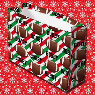 Grand Sac Cadeau Football Noël Ajouter le nom Bande rouge & vert