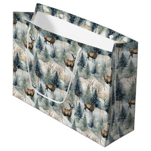 Grand Sac Cadeau Forêt de cerfs à l'aquarelle hivernale (1)