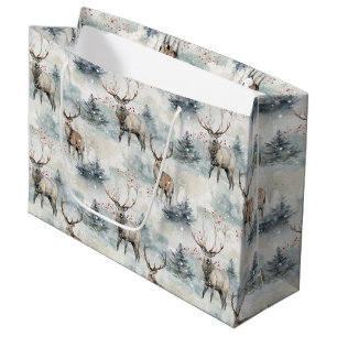 Grand Sac Cadeau Forêt de cerfs aquarelle d'hiver (4)