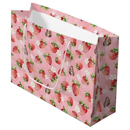 Grand Sac Cadeau Fraise avec Papillon (Devant Angle)
