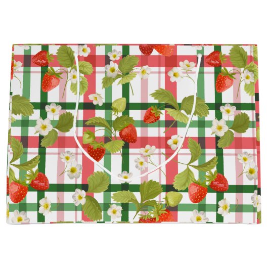 Grand Sac Cadeau Fraise Florale rose et vert plaid (Devant)