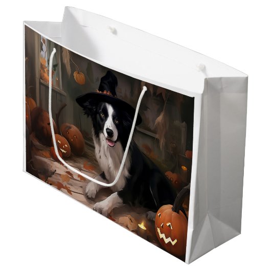 Grand Sac Cadeau Frontière Collie Citrouilles Halloween effroi (Devant Angle)