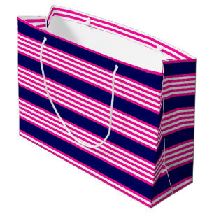 Grand Sac Cadeau Fuchsia et blanc cinq bandes motif avec bleu
