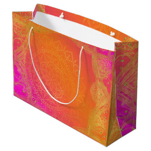 Grand Sac Cadeau Fuchsia Rose Orange Et Or Mandala Fête