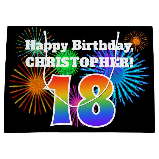 Grand Sac Cadeau Fun Fireworks + Rainbow Motif "18" Anniversaire # (Devant)