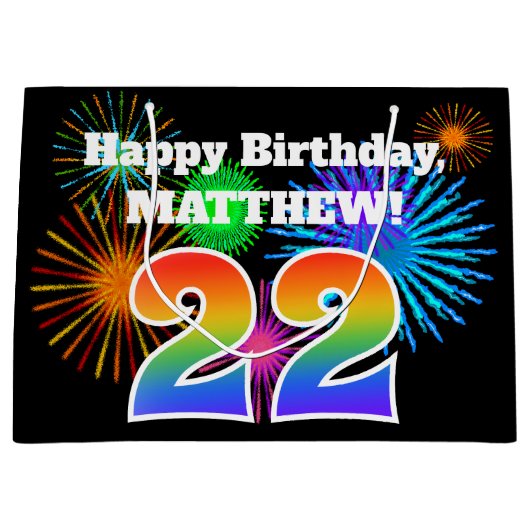 Grand Sac Cadeau Fun Fireworks + Rainbow Motif "22" Anniversaire # (Devant)