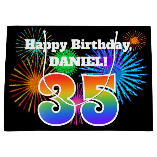 Grand Sac Cadeau Fun Fireworks + Rainbow Motif "35" Anniversaire # (Devant)
