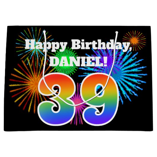 Grand Sac Cadeau Fun Fireworks + Rainbow Motif "39" Anniversaire # (Devant)
