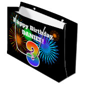 Grand Sac Cadeau Fun Fireworks + Rainbow Motif "3" Anniversaire # (Devant Angle)