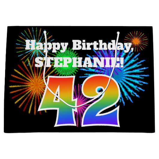 Grand Sac Cadeau Fun Fireworks + Rainbow Motif "42" Anniversaire # (Devant)