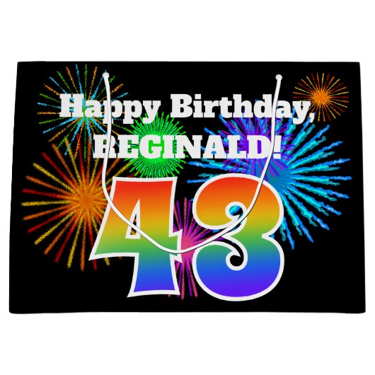Grand Sac Cadeau Fun Fireworks + Rainbow Motif "43" Anniversaire # (Devant)