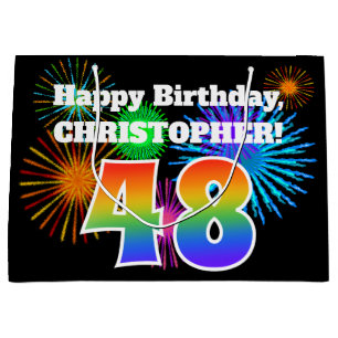 Grand Sac Cadeau Fun Fireworks + Rainbow Motif "48" Anniversaire #