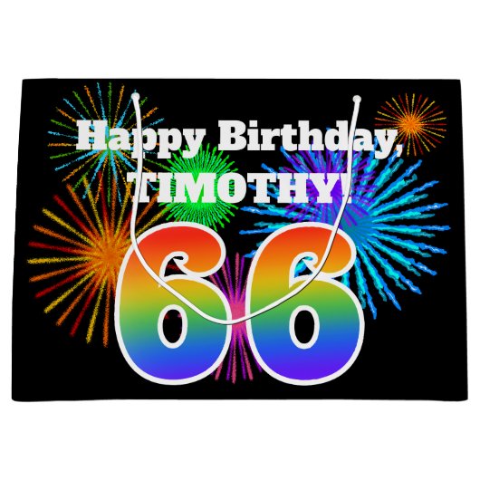 Grand Sac Cadeau Fun Fireworks + Rainbow Motif "66" Anniversaire # (Devant)